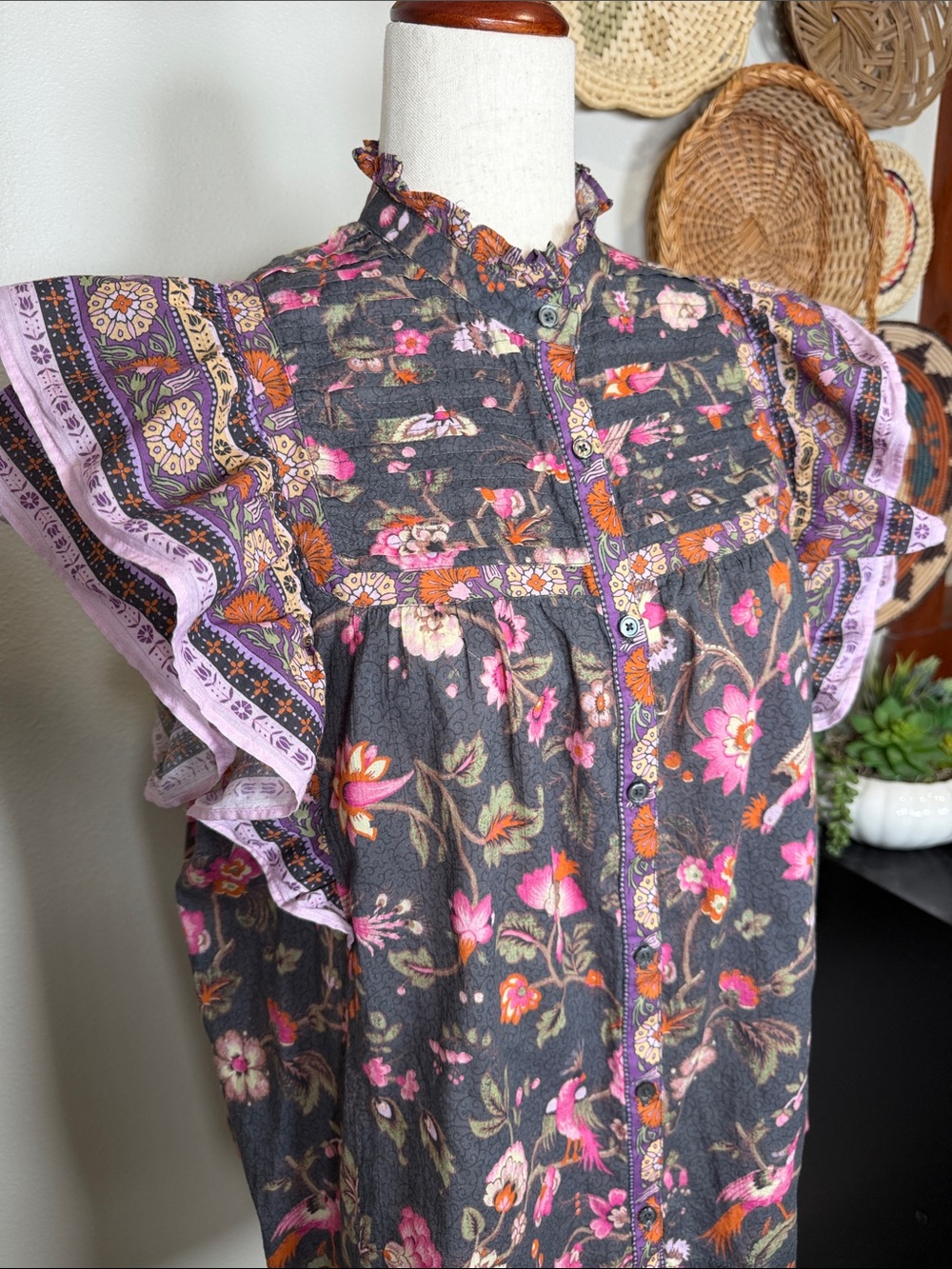 Sundance Marcleine Floral Top Coquette Ruffle Pintuck Boho Cottagecore Large - Picture 3 of 14